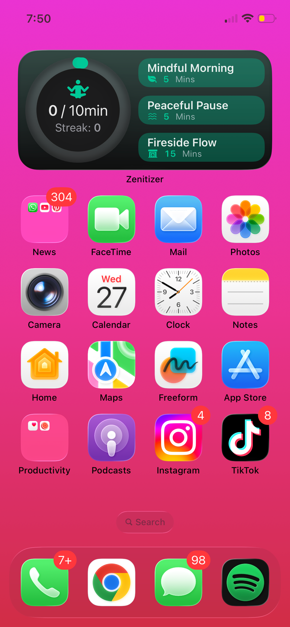 El widget de Zenitizer para rastrear los minutos de meditación y comenzar una sesión.