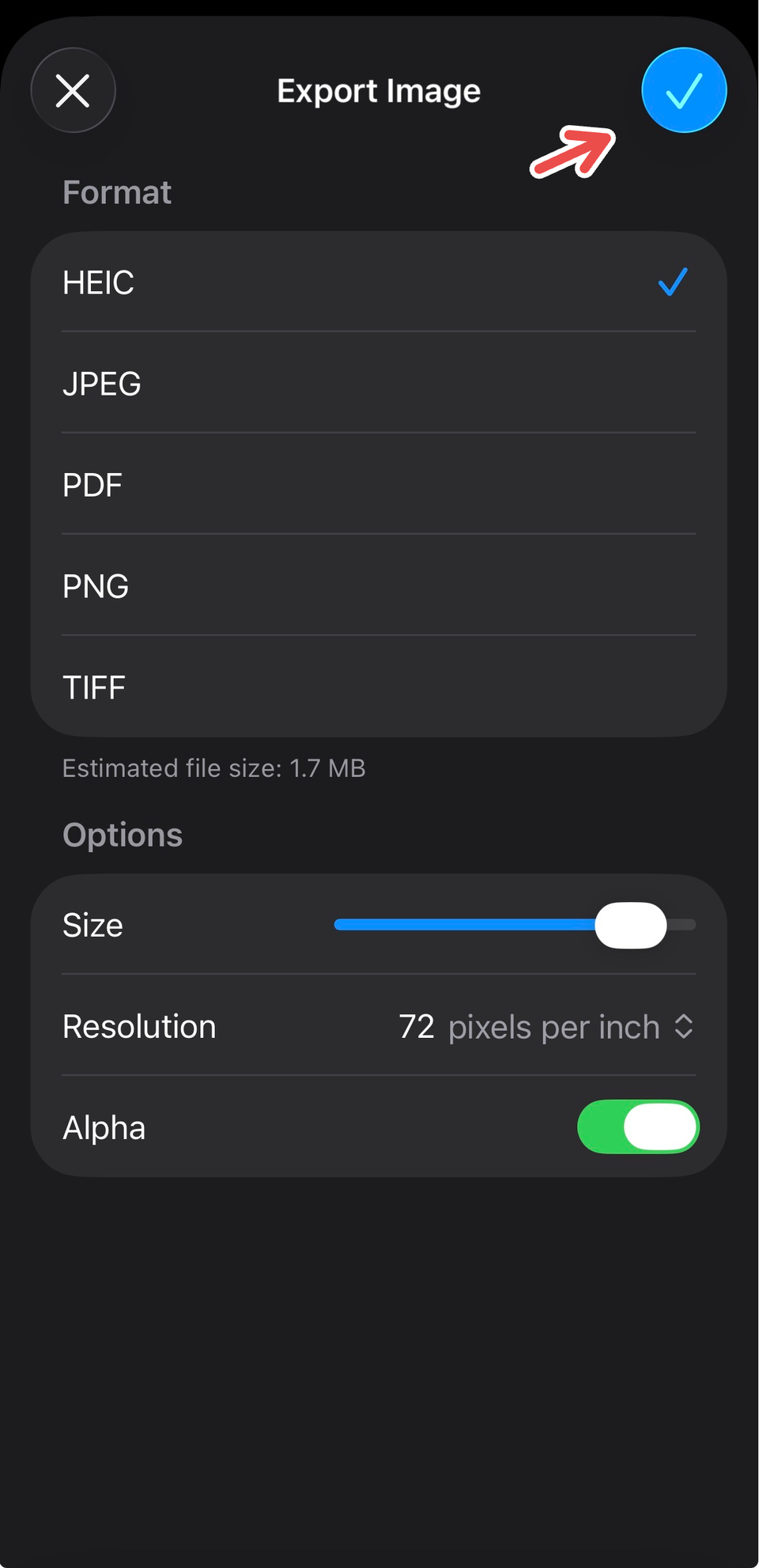 Opciones de exportación en Vista previa para iPhone.