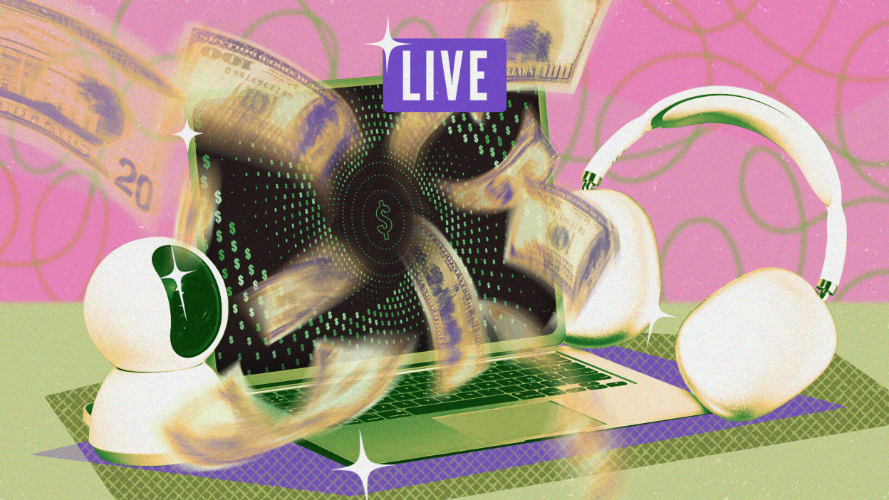 Una computadora portátil con un vórtice de billetes de un dólar y una cámara y auriculares absorbidos con la palabra "Vivir" encima.