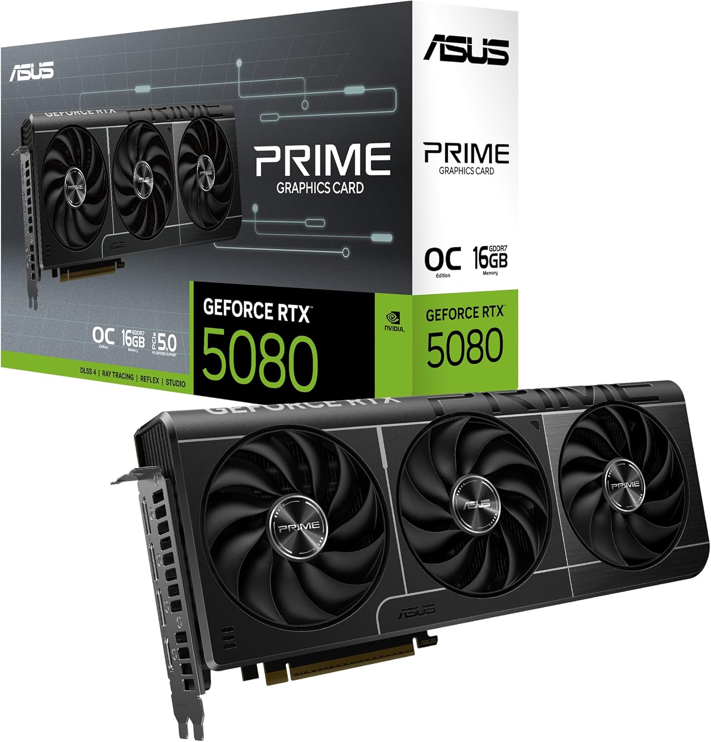 ASUS PRIME RTX5080, O16G, NVIDIA, GeForce RTX 5080, 16 GB GDDR7, 256 bits, OC, HDMI, 3xDP, DLSS4 Tarjeta gráfica